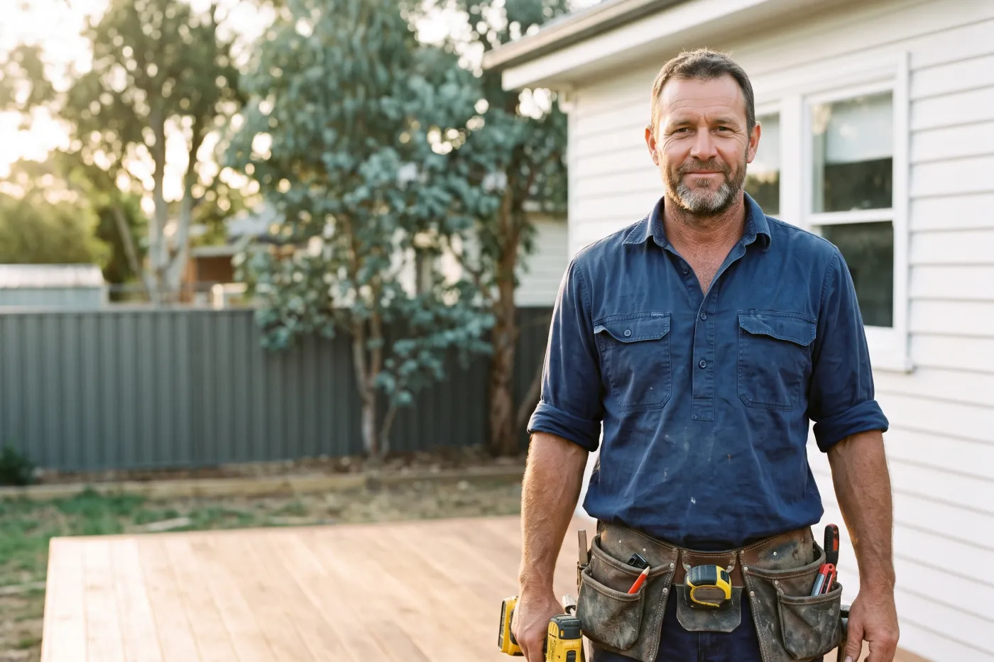 Builder with tool belt standing in a backyard next to a new deck