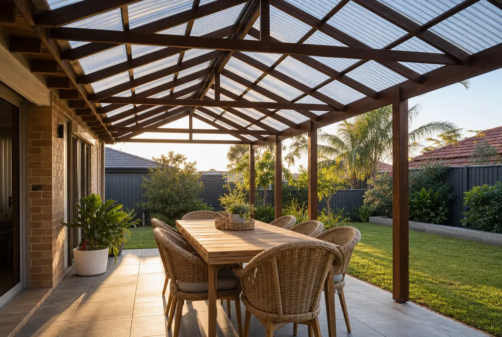 Timber pergola with polycarbonate roof over an outdoor dining area